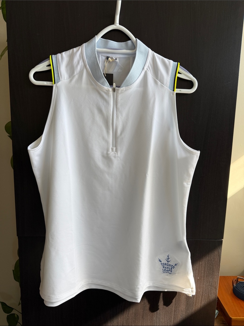 adidas White Sleeveless Athletic Tank with Neon Yellow Accent